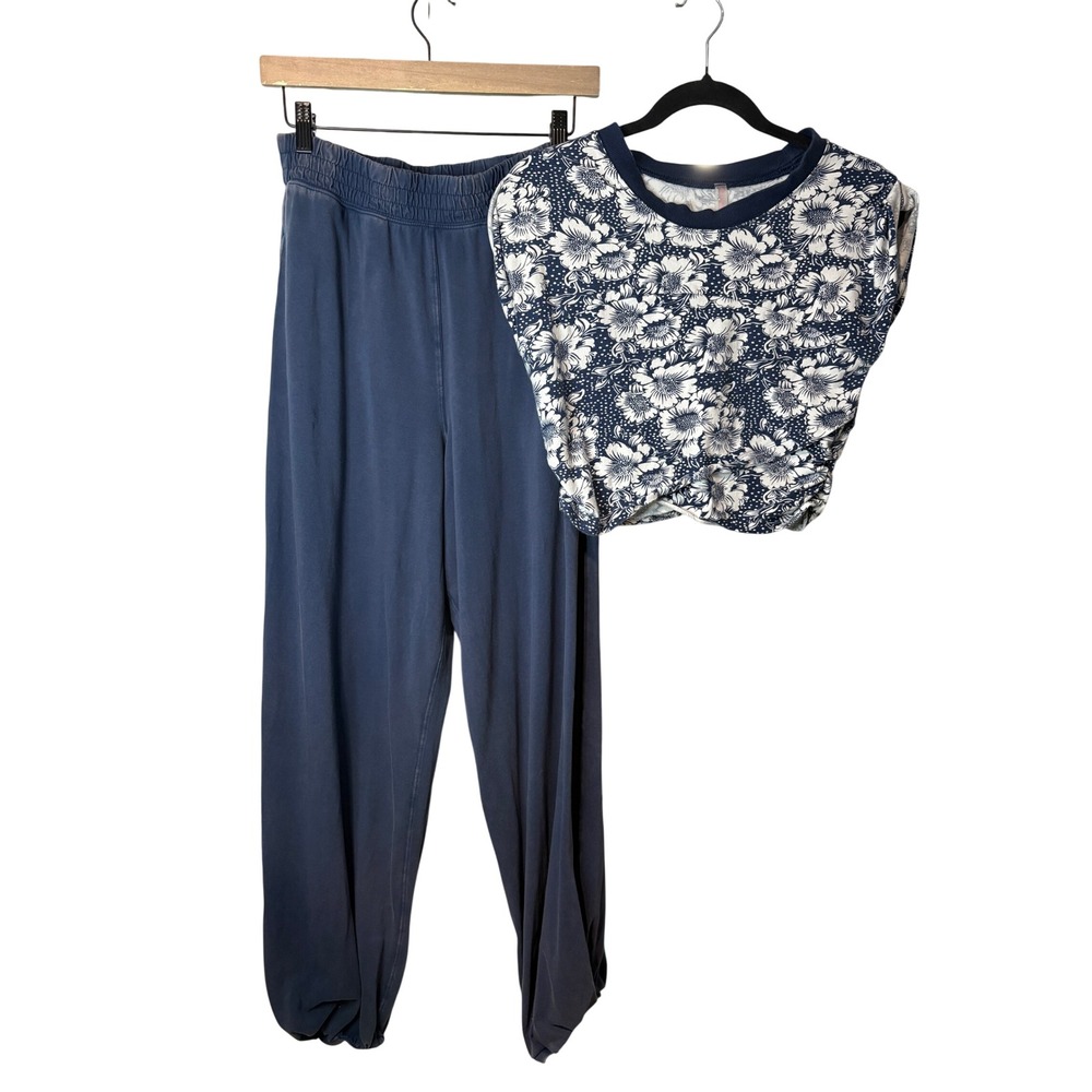 Free People Movement Floral Crop Top & Joggers Lounge Set Navy Blue Medium